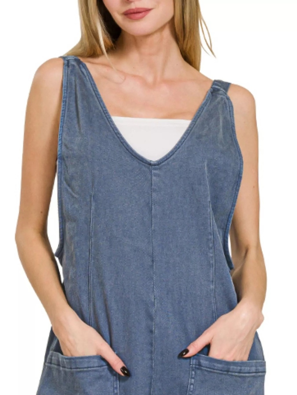 Zenana Outfitters Women's Slate Blue Denim Pocketed Wide Strap Romper Jumpsuit M - Picture 3 of 3